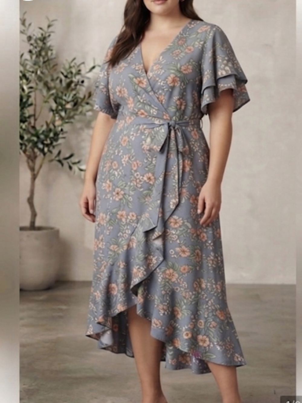 Max Studio Wrap Dress London Blue Floral Print Short Flutter Sleeves Plus Sz 1X